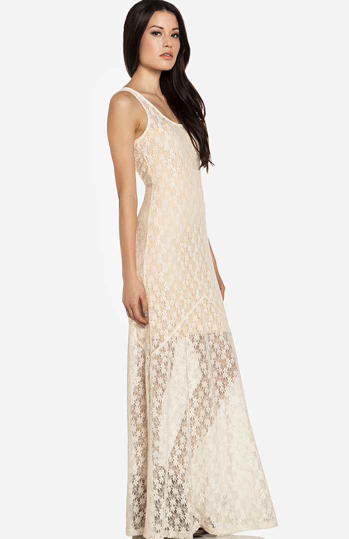 Sheer Lace Maxi Dress in Cream | DAILYLOOK