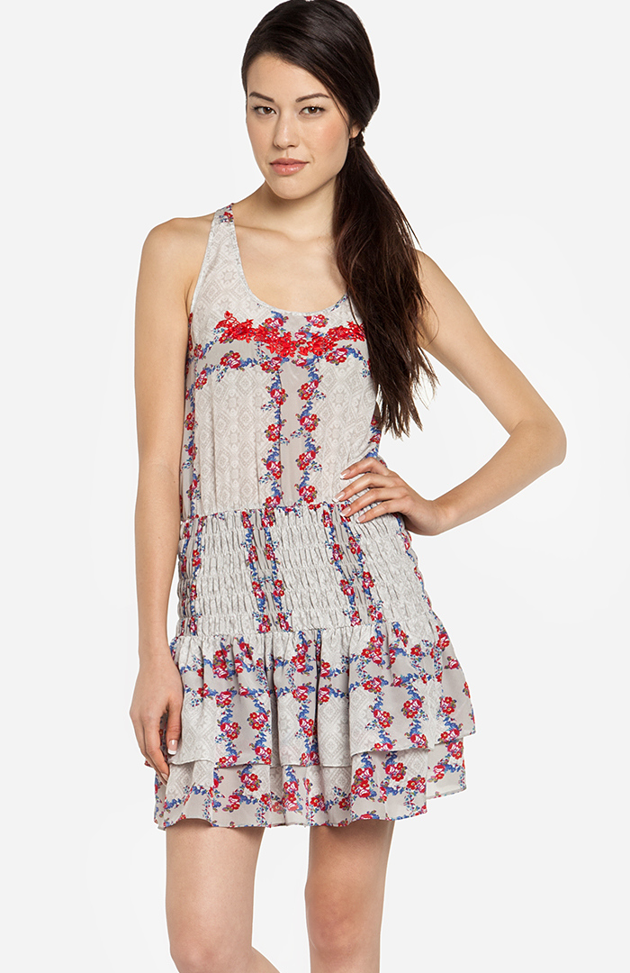 Line & Dot Ruching Mini Flare Dress in Grey DAILYLOOK