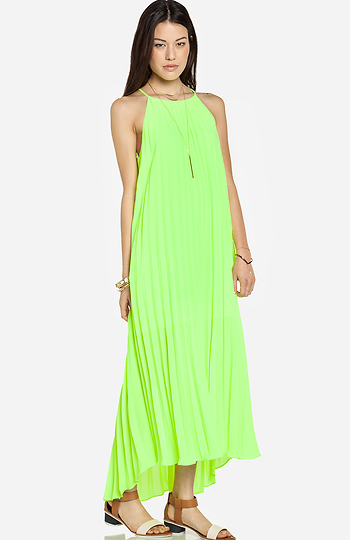Line & Dot Pleated Maxi Dress in Green | DAILYLOOK