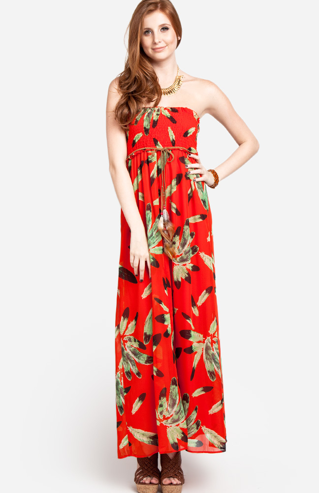 feather trim strapless gown