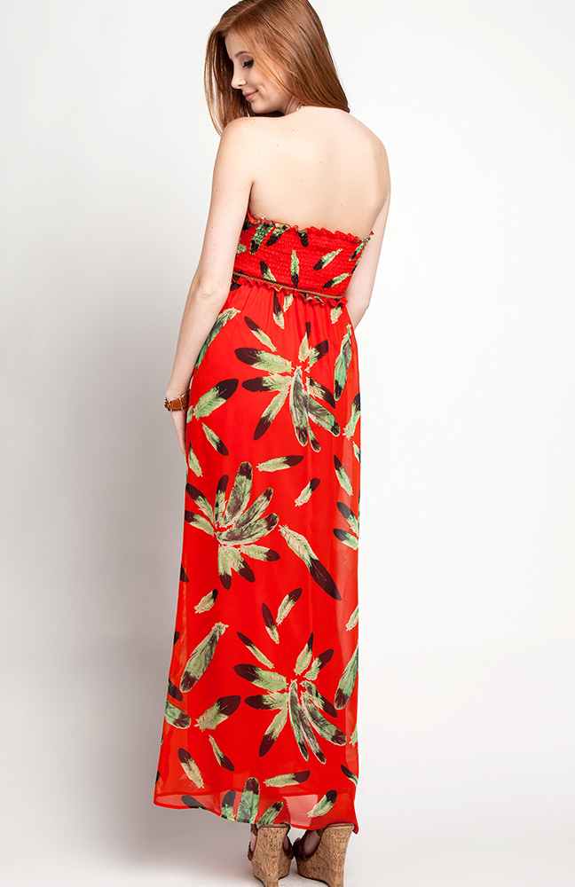 Strapless Feather Maxi Dress in Coral | DAILYLOOK