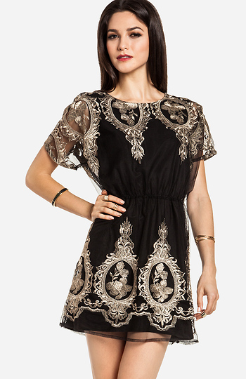 Metallic Embroidered Fit and Flare Dress Slide 1