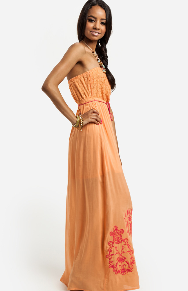 Strapless Embroidered Maxi Dress in Peach | DAILYLOOK