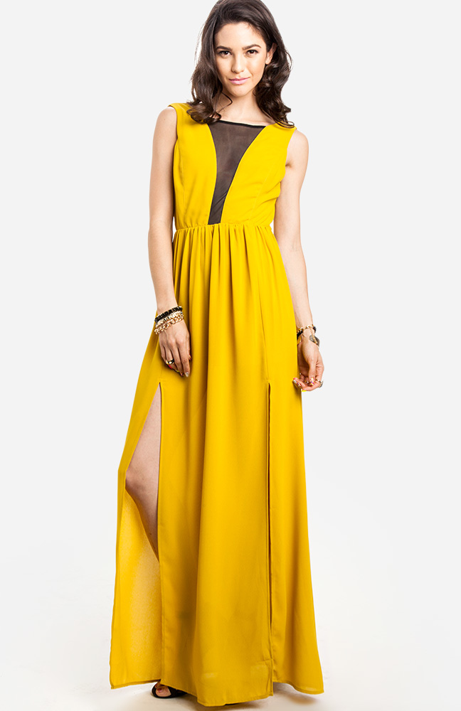 Double Slit Maxi Dress in Mustard | DAILYLOOK