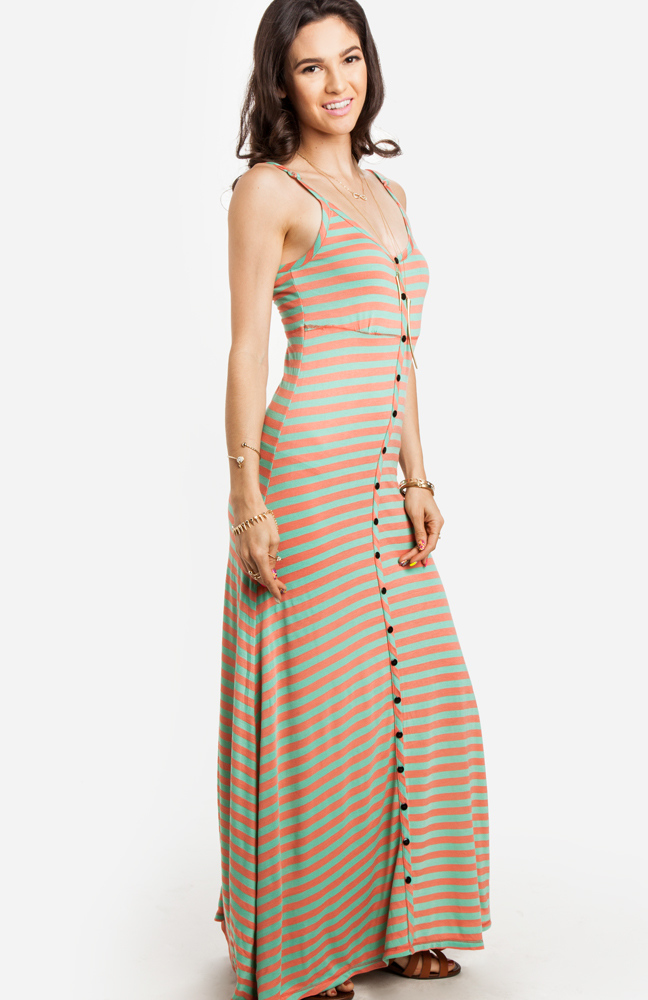 Button Down Striped Maxi Dress in Floral Multi DAILYLOOK