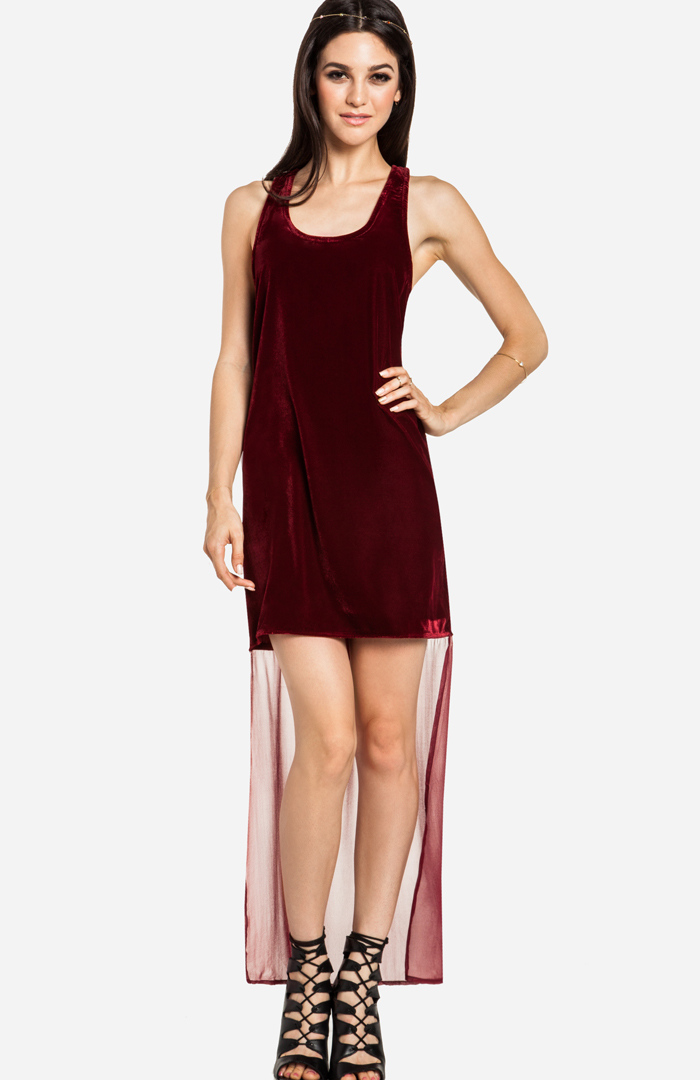 Line & Dot Velvet Sheer Tail Dress in Burgundy | DAILYLOOK
