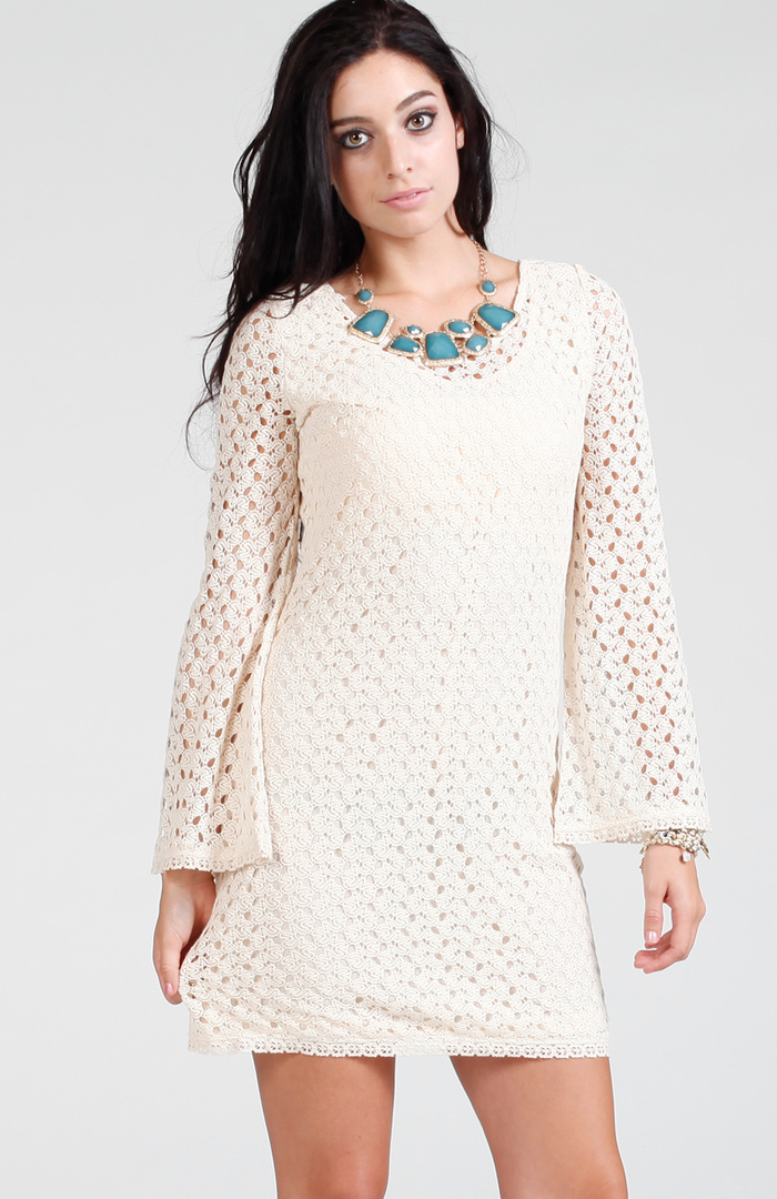 Long Sleeve Crochet Dress in Cream | DAILYLOOK