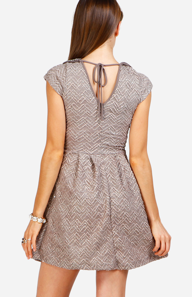 Holiday Popcorn Dress with Jeweled Collar in Beige DAILYLOOK