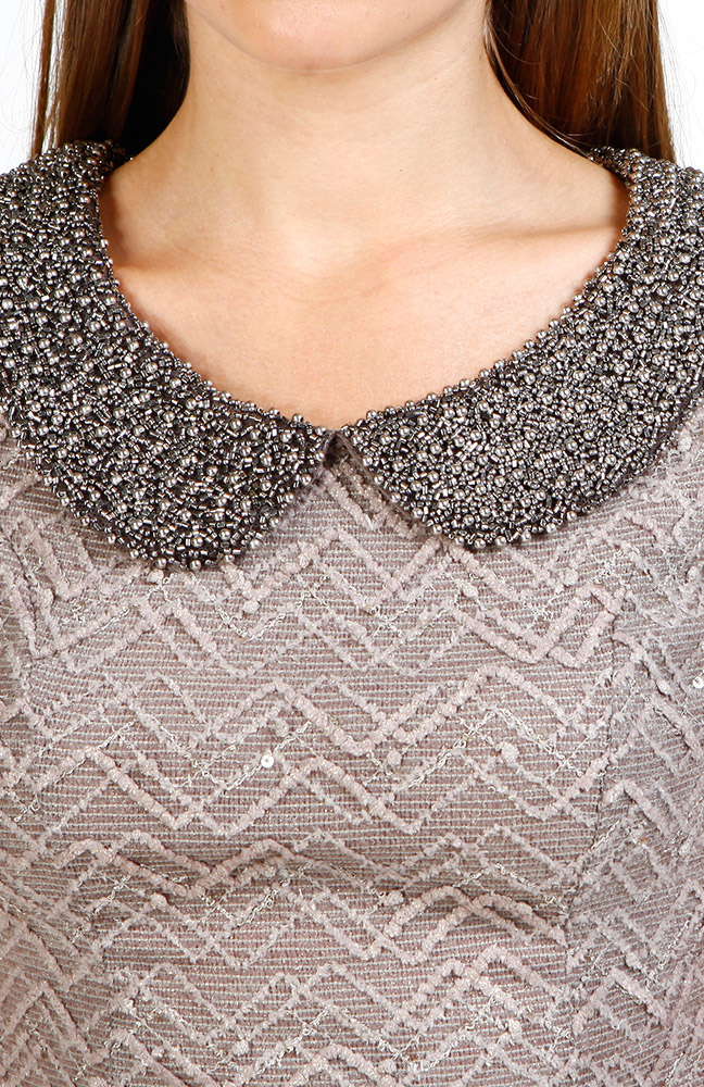 Holiday Popcorn Dress with Jeweled Collar in Beige DAILYLOOK