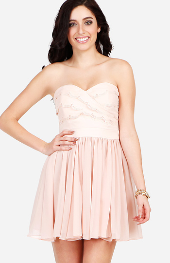 Strapless Pleated and Ruffle Dress Slide 1