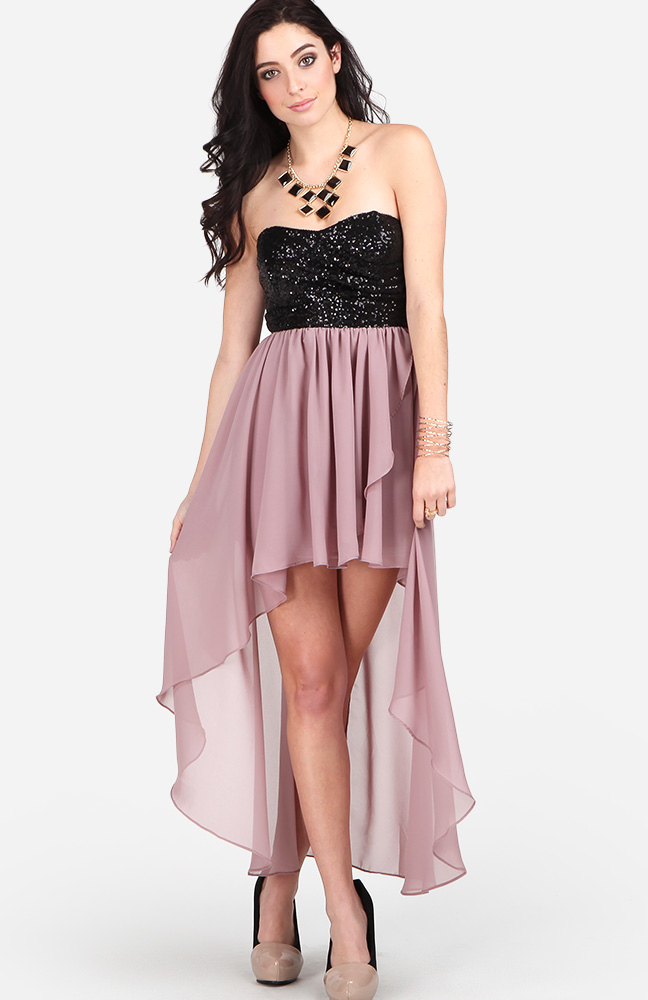 Sequin Bodice High Low Maxi Dress in Mauve | DAILYLOOK