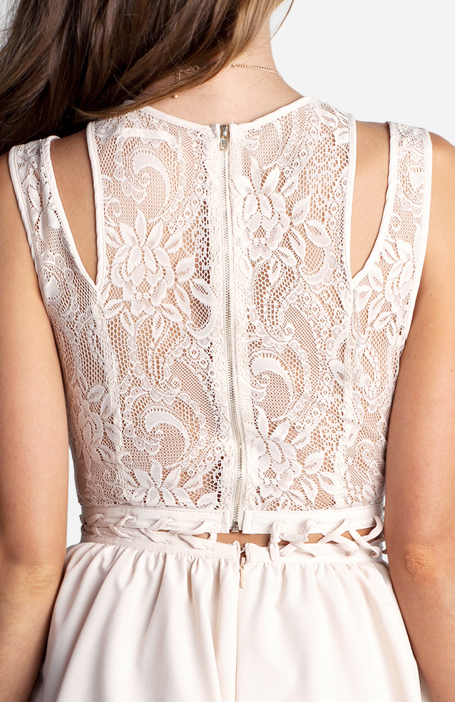 Lace Cut Out Shoulder Romper in Beige DAILYLOOK