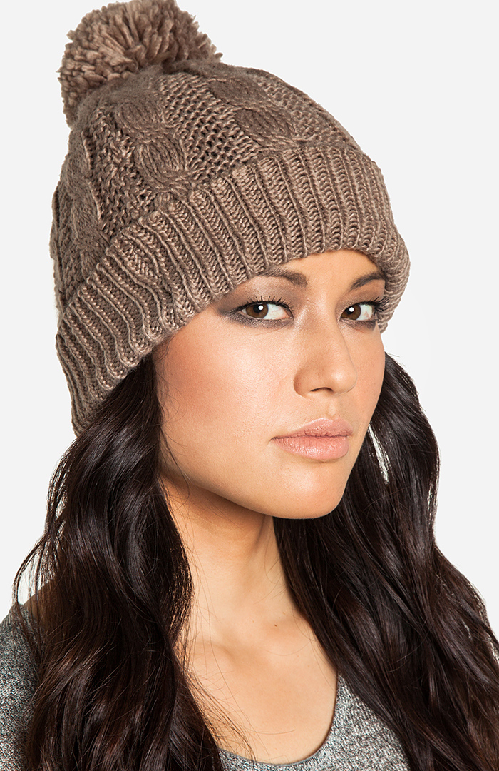 Oversized Pompom Beanie in Taupe DAILYLOOK