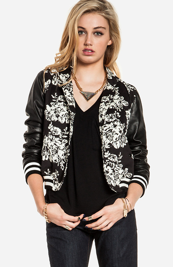 Floral and Leatherette Varsity Jacket Slide 1