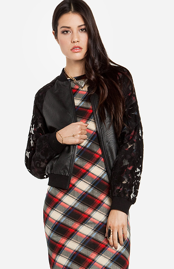 Lace and Leatherette Varsity Jacket Slide 1