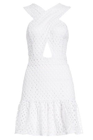 Line & Dot Crossover Neck Eyelet Lace Dress Slide 1