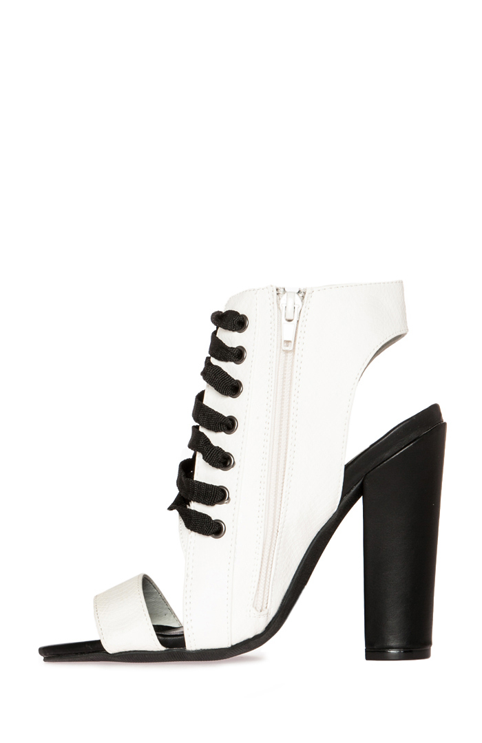 white chunky lace up heels
