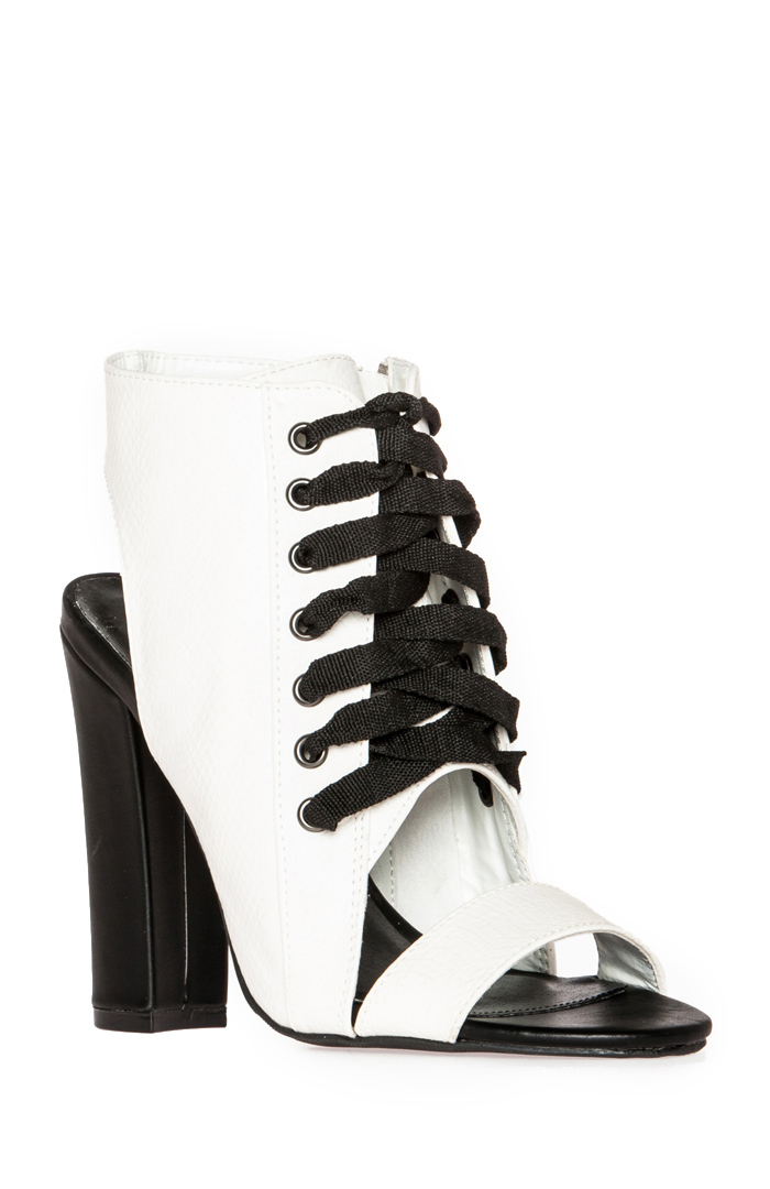 white chunky lace up heels