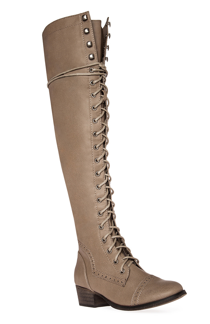 beige over the knee high heel boots