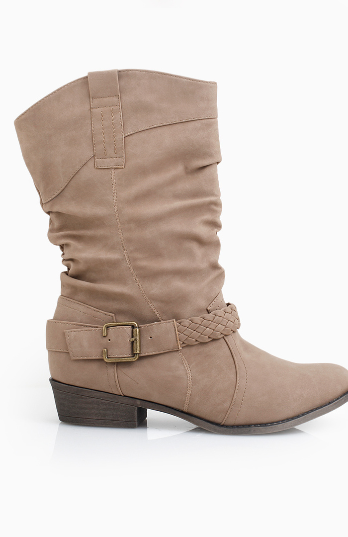 Braided Strap Slouch Boots in Taupe | DAILYLOOK