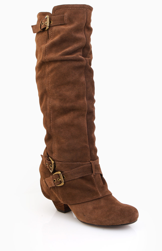 Slouch Suede Buckle Boots in Taupe | DAILYLOOK