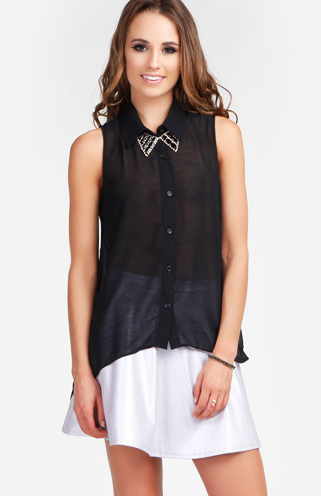 Sleeveless Button Down Top with Cinched Back in Black DAILYLOOK