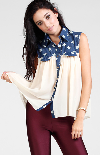 Sheer Top With Star Denim Trim Slide 1