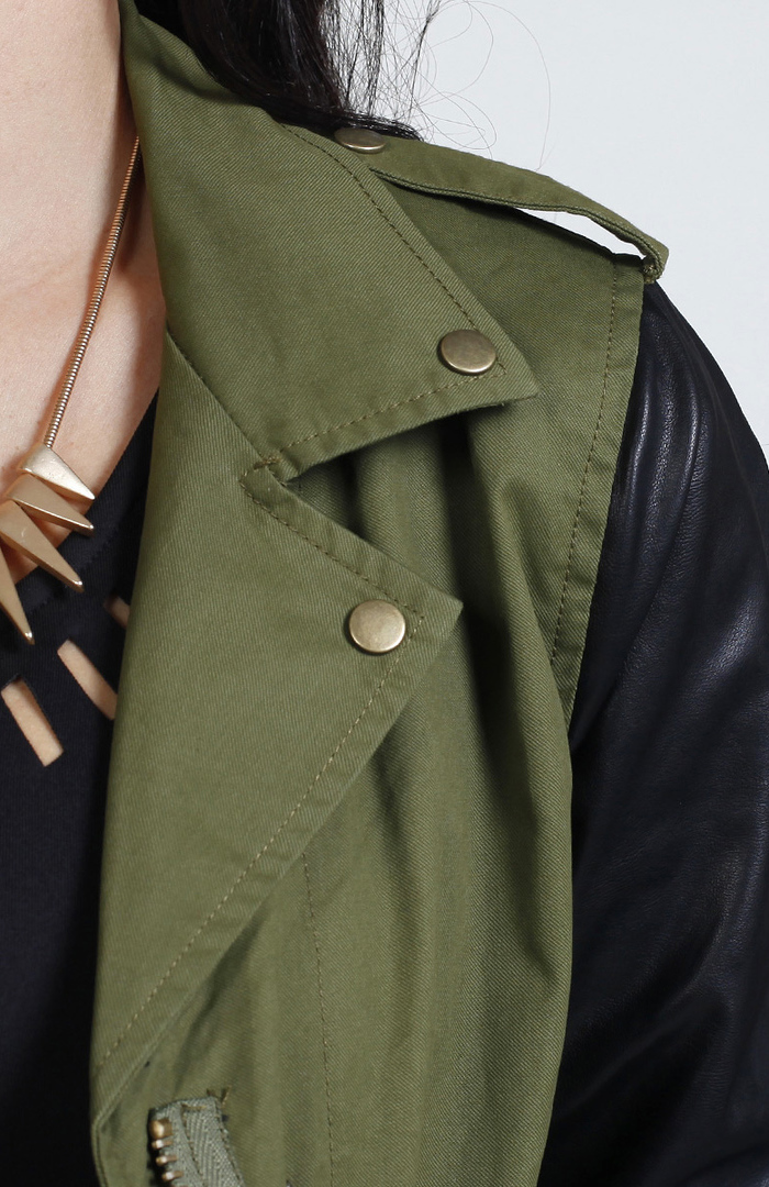 Faux Leather Sleeve Army Jacket in Olive DAILYLOOK