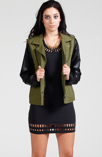 Faux Leather Sleeve Army Jacket Slide 1