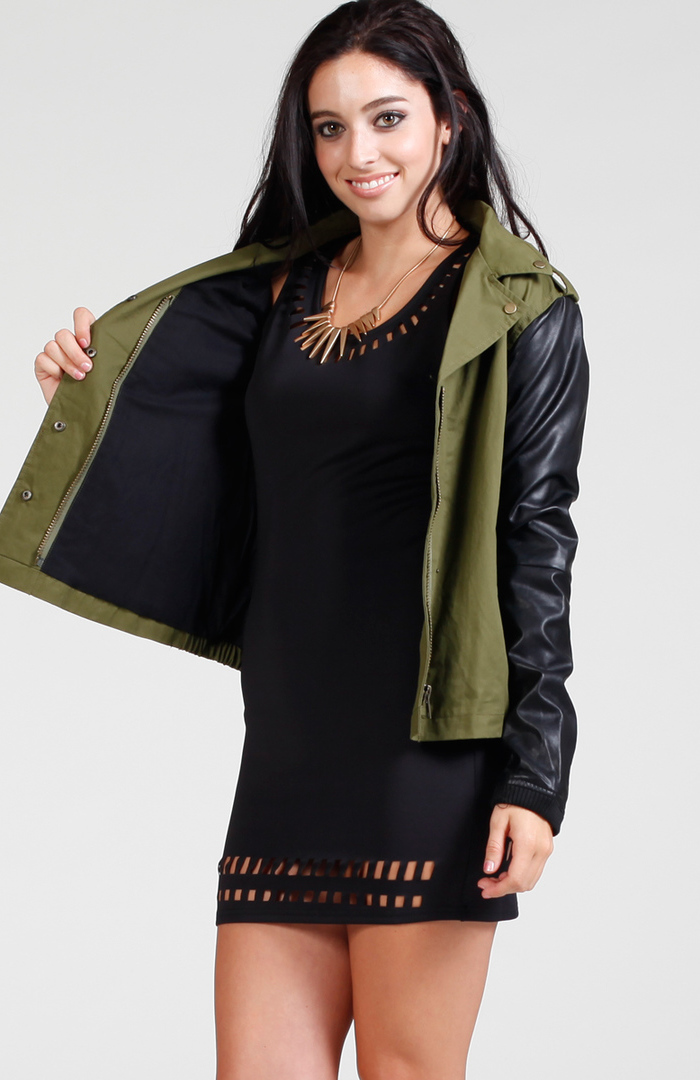 Faux Leather Sleeve Army Jacket in Olive DAILYLOOK