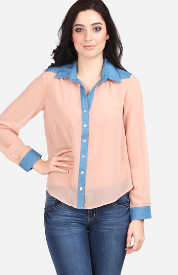 Denim Accented Button Down Blouse Slide 1