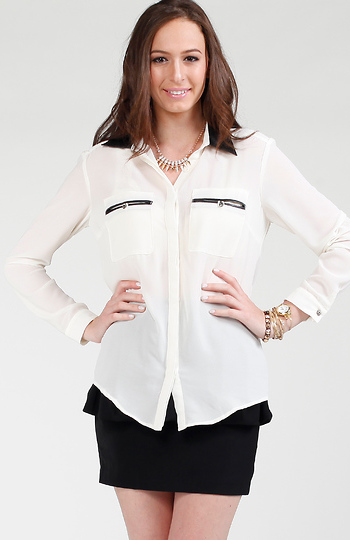 Leather Trim Pocket Blouse Slide 1