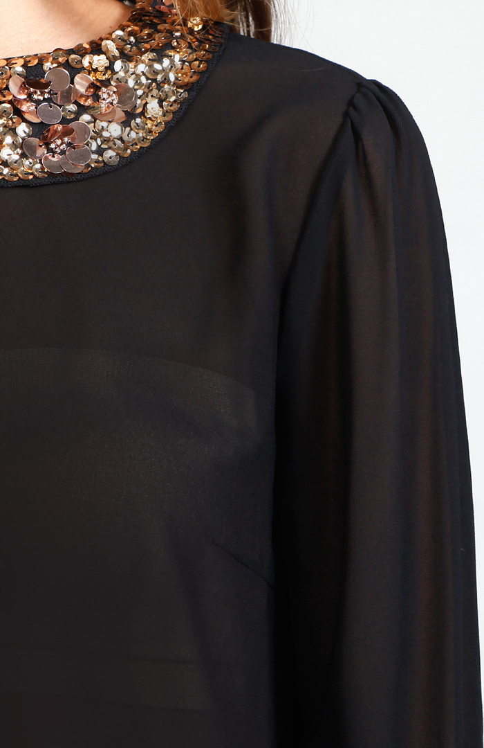 Open Back Sequin Collar Blouse in Black | DAILYLOOK