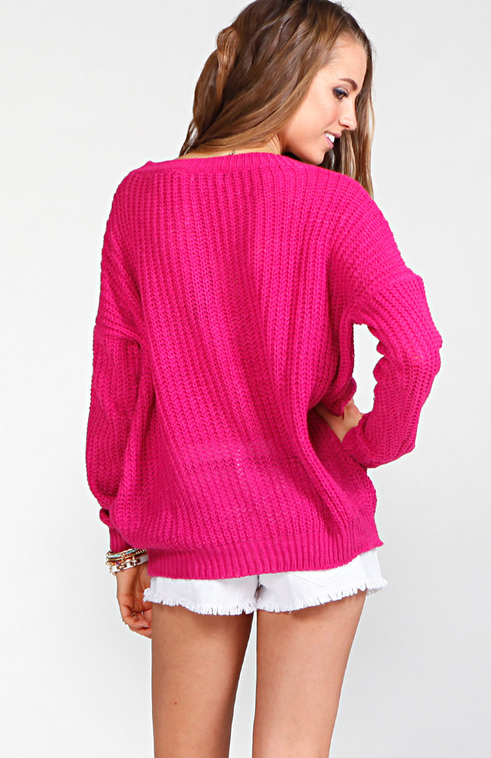 Cut Out Shoulder Knit Sweater in Fuchsia | DAILYLOOK