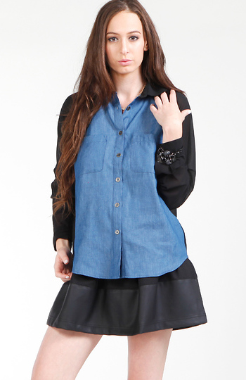 Sheer Sleeve Denim Contrast Blouse Slide 1