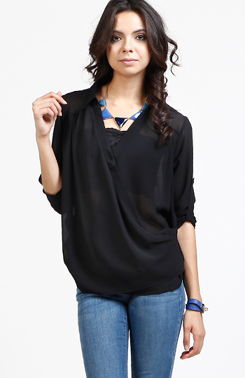 Overlap Button Blouse in Black | DAILYLOOK