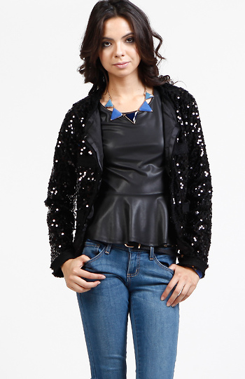Collarless Tweed Trim Sequin Blazer Slide 1