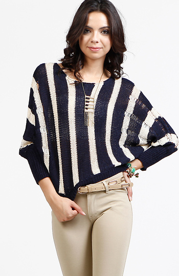 Striped Loose Knit High Low Sweater Slide 1
