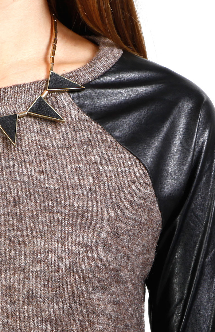 Faux Leather Sleeve Knit Top in Brown | DAILYLOOK