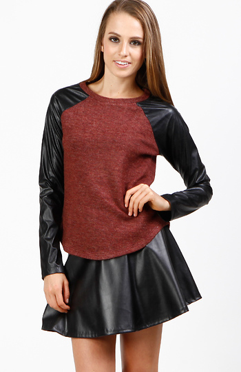 Faux Leather Sleeve Knit Top Slide 1