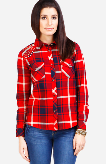 Shoulder Studded Plaid Shirt Slide 1