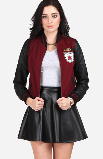 Leatherette Sleeve Varsity Jacket Slide 1