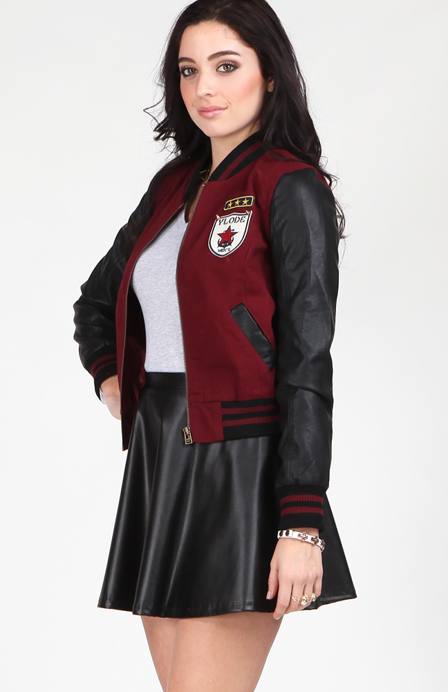 Leatherette Sleeve Varsity Jacket in Burgundy DAILYLOOK