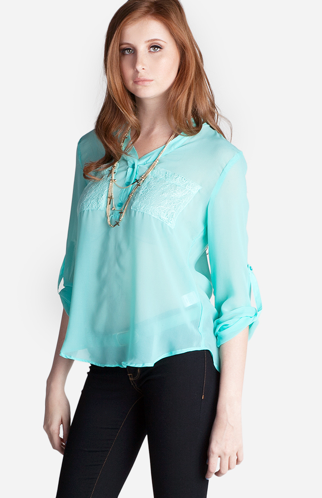 Sheer Lace Pocket Blouse in Mint | DAILYLOOK