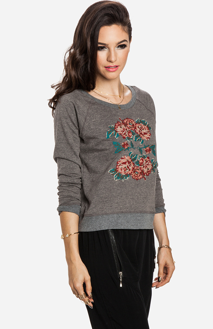 Embroidered Rose Sweatshirt in Grey DAILYLOOK