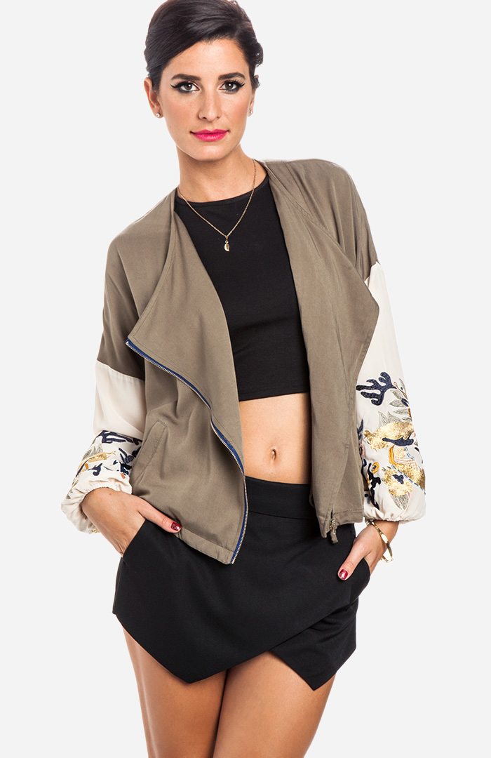 Embroidered Sleeve Jacket in Olive DAILYLOOK
