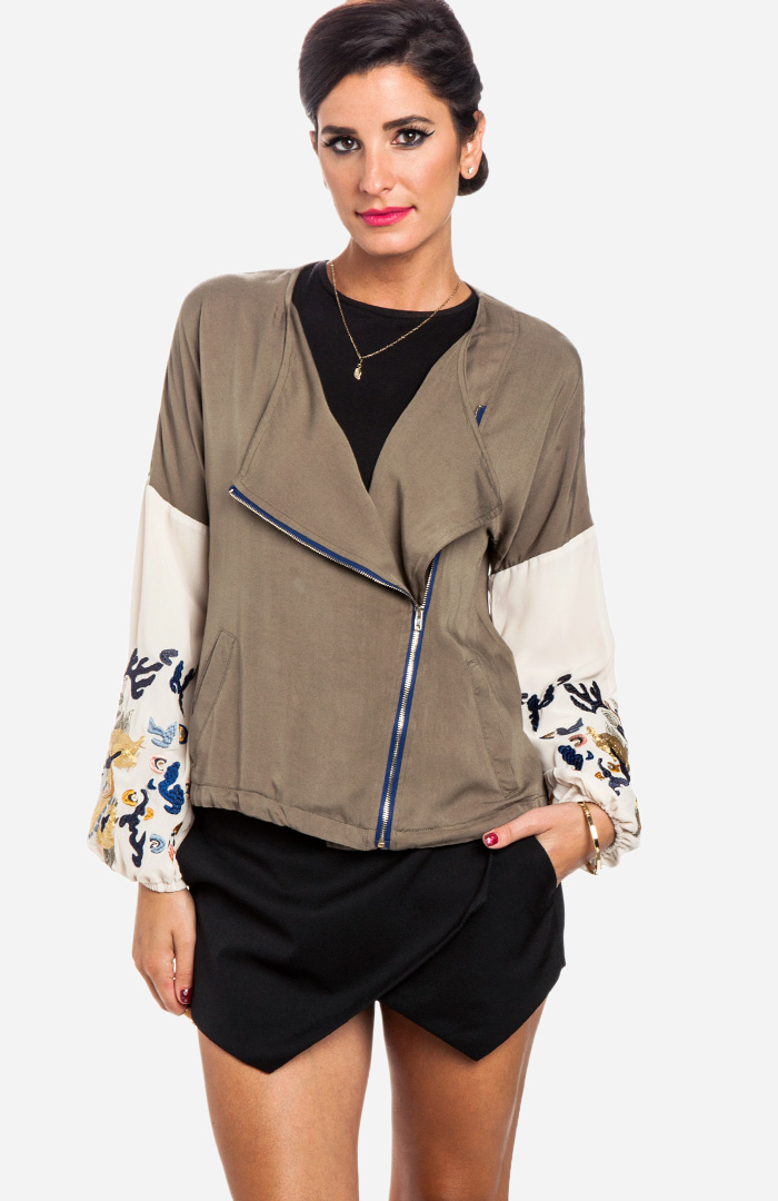 Embroidered Sleeve Jacket in Olive DAILYLOOK