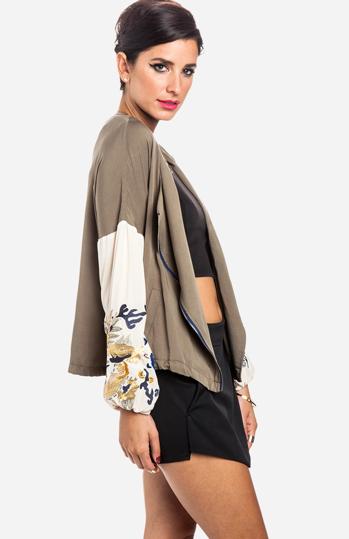 Embroidered Sleeve Jacket in Olive DAILYLOOK