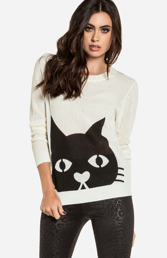 Cat Print Sweater in Cream DAILYLOOK
