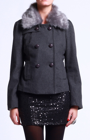 Faux Fur Collar Pea Coat Slide 1